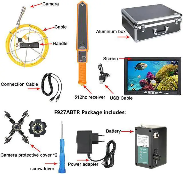 Alt view image 7 of 7 - 7" Monitor Sewer Pipe Inspection Video Camera with Auto Self Leveling 512HZ Pipe Locator  22MM IP68 HD 1000TVL Camera 12PCS LED Lights