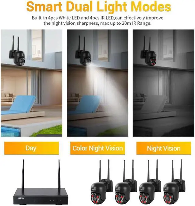 Alt view image 2 of 7 - ESCAM WNK614 Wireless WiFi Security System NVR kit,8CH NVR + 4pcs Indoor wireless 3MP Camera, dual light source, 2-way audio motion detection alarm push Surveillance Camera system Night Vision,Remote