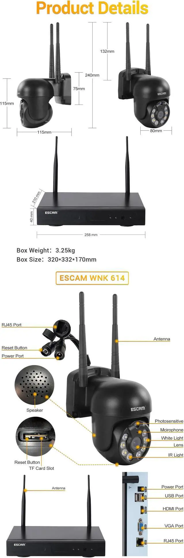 Alt view image 6 of 7 - ESCAM WNK614 Wireless WiFi Security System NVR kit,8CH NVR + 4pcs Indoor wireless 3MP Camera, dual light source, 2-way audio motion detection alarm push Surveillance Camera system Night Vision,Remote