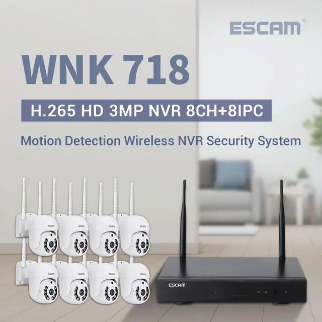 Main image of ESCAM WNK718 Wireless WIFI cameras for home security kit,8CH NVR + 8pcs Indoor wireless 3MP Camera,Dual light source 2-way audio IR Motion Detection Alarm Push,Surveillance Camera system Night Vision