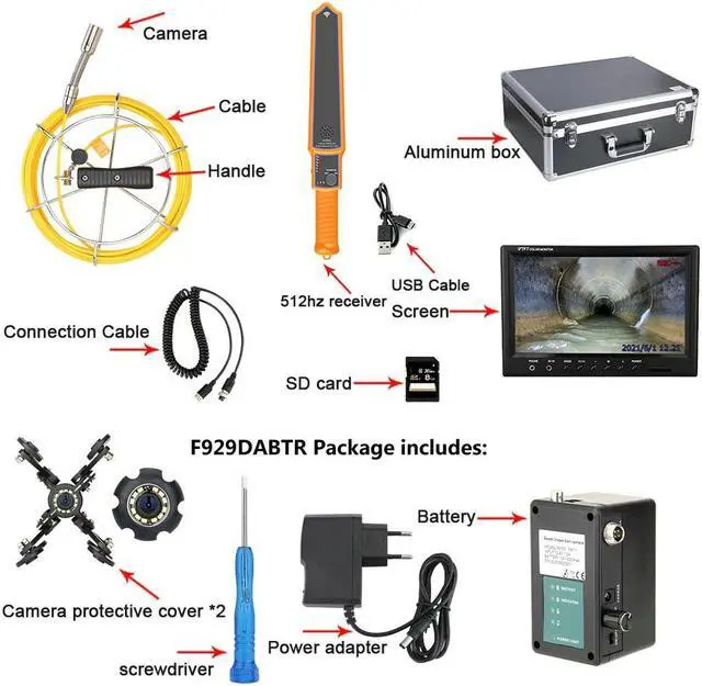Alt view image 7 of 7 - 9" Monitor  DVR  Sewer Pipe Inspection Video Camera with Auto Self Leveling 512HZ  Pipe Locator  22MM IP68 HD 1000TVL Camera 12PCS LED Lights 50m/164ft