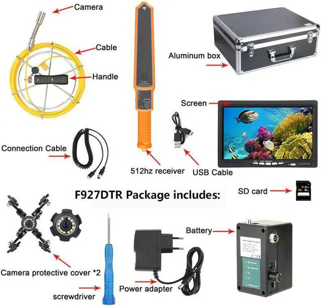 Alt view image 7 of 7 - 9" Monitor  DVR  Sewer Pipe Inspection Video Camera with Meter Counter  512HZ  Pipe Locator  22MM IP68 HD 1000TVL Camera 12PCS LED Lights 40/131ft