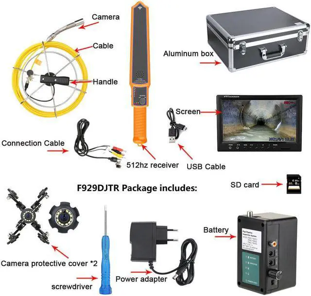 Alt view image 7 of 7 - 9" Monitor  DVR  Sewer Pipe Inspection Video Camera with Meter Counter  512HZ  Pipe Locator  22MM IP68 HD 1000TVL Camera 12PCS LED Lights 50m/164ft
