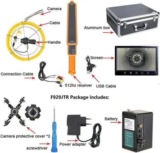 Alt view image 7 of 7 - visiPower Sewer Pipe Drain Pipe Pipeline Inspection Locator Camera 9" screen Meter Counter 512HZ Pipe Locator IP68 12PCS LED Lights for home Blocked draining plumbing plumber Cable Length 20m/65ft