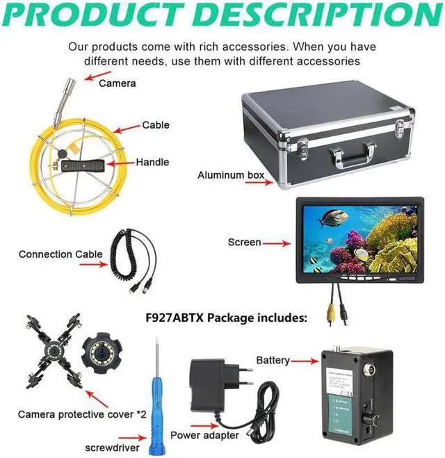 Alt view image 7 of 7 - VisiPower Draining plumbing inspection/ Sewer Pipe Inspection Camera/Pipeline Industrial Endoscope/7" Monitor/12PCS LED Lights /512hz Transmitter/Auto balance Auto Self Leveling/Cable length 30m/98ft