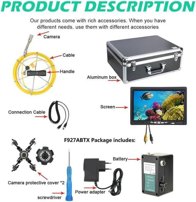 Alt view image 7 of 7 - VisiPower Draining plumbing Sewer Pipe Inspection Camera with Auto balance Auto Self Le/Pipeline Industrial Endoscope/7" Monitor/12PCS LED Lights /8GB SD Card/512hz Transmitter /Cable Length 50m/164ft