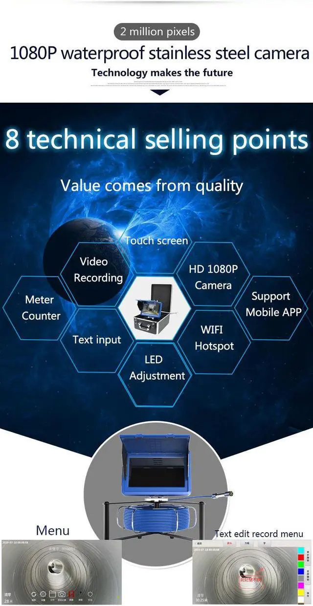 Alt view image 3 of 7 - VisiPower 10inch Touch screen Industrial Pipe Sewer Video Camera with Meter Counter / DVR Video recording / WIFI wireless / Photo Editing/23mm HD 1080P /6W LED Lights/60m/197ft Cable length   Camera