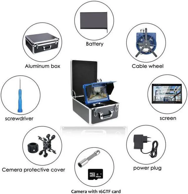 Alt view image 7 of 7 - VisiPower 10inch Touch screen Industrial Pipe Sewer Video Camera with Meter Counter / DVR Video recording / WIFI wireless / Photo Editing/23mm HD 1080P /6W LED Lights/60m/197ft Cable length   Camera