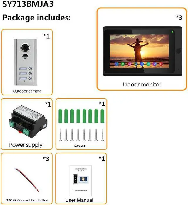Alt view image 7 of 7 - Wireless Wifi 7 Inch Doorbell Monitor BUS 2 Wire Video Door Phone Intercom systems Kit for home 1Units Apartment Night Vision  1 doorbell + 3 monitor