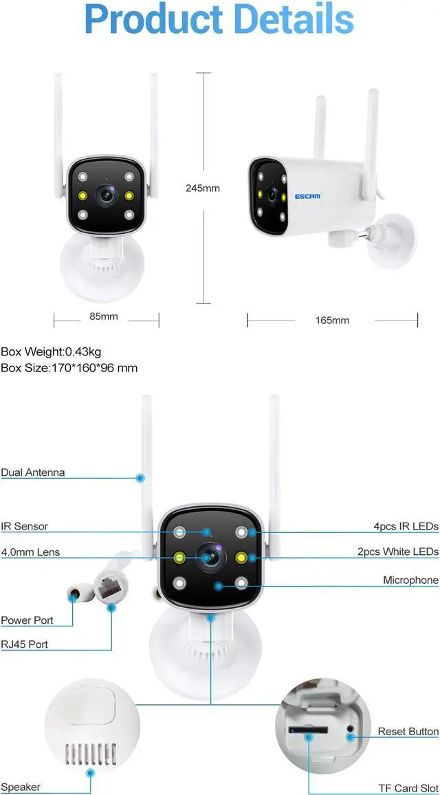 Alt view image 6 of 7 - ESCAM Smart 3MP WiFi bullet Security Wireless outdoor camera motion detection tracking sound alarm push message 2-way audio intelligent dual-light source night vision full color Pan APP control 180°