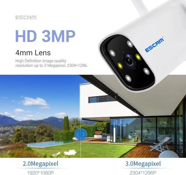 Alt view image 4 of 7 - ESCAM Smart 3MP WiFi bullet Security Wireless outdoor camera motion detection tracking sound alarm push message 2-way audio intelligent dual-light source night vision full color Pan APP control 180°