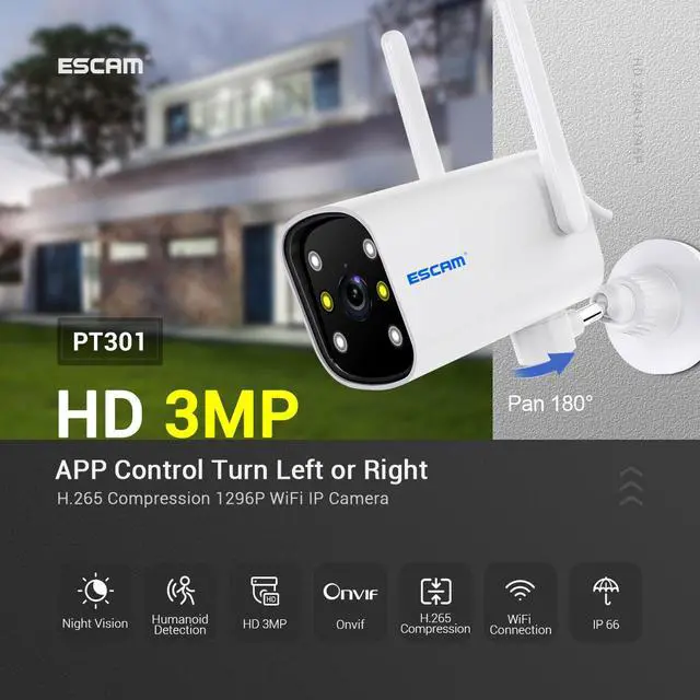 Main image of ESCAM Smart 3MP WiFi bullet Security Wireless outdoor camera motion detection tracking sound alarm push message 2-way audio intelligent dual-light source night vision full color Pan APP control 180°