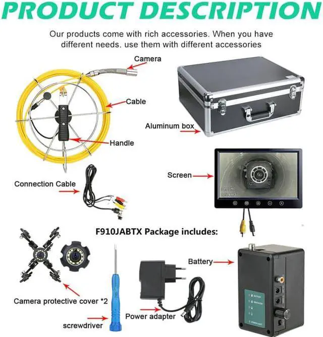 Alt view image 7 of 7 - VisiPower Auto Self Leveling sonde camera  pipe inspection camera drain sewer Meter Counter camera 10 inch monitor long spring 22mm camera 20m/65ft cable length