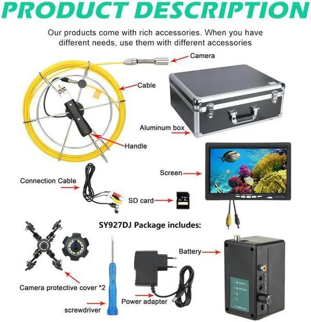 Alt view image 7 of 7 - VisiPower Sewer Pipe Drain Pipe Pipeline Camera Industrial Endoscope System 7" display, Video Recording Meter Counter, IP68 12PCS LED Lights for home Blocked draining plumbing Cable length 30m/98ft