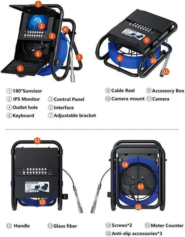 Alt view image 14 of 14 - VisiPower Waterproof Meter Counter DVR Drain Sewer Inspection Video Camera video Endoscope Camera Borescope camera with and Self-Leveling 512HZ Locator Cable Length 30m/98ft