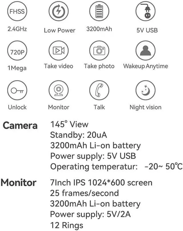 Alt view image 4 of 7 - 2.4GHz digital frequency hopping and encryption technology, with a transmission distance of up to 50 meters.outdoor Night vision IR CUT Monitor, call and talk Doorbell Camera