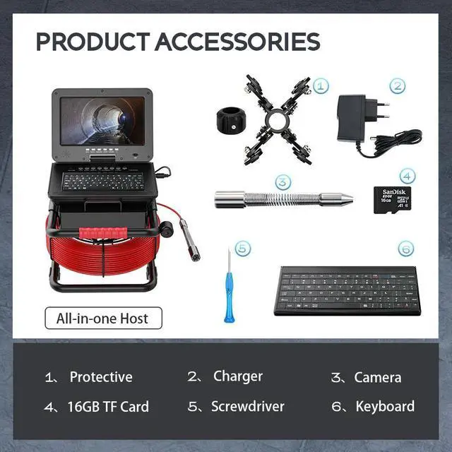Alt view image 7 of 7 - VisiPower Sewer Pipe Inspection Camera 10 Inch IPS 1080P Screen and Self-Leveling Video+Audio Recording 5X Image Enlarge+Meter Counter Cable Length 20m/65ft