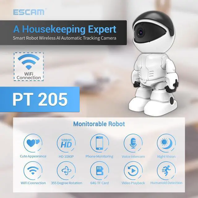 Main image of 2MP 1080P HD 2.8mm Lens Security Robot Camera WiFi Wireless IR 33ft Motion Detection Auto Tracking Built-in Microphone AI Humanoid Detection PTZ IP Camera Day/Night Vision