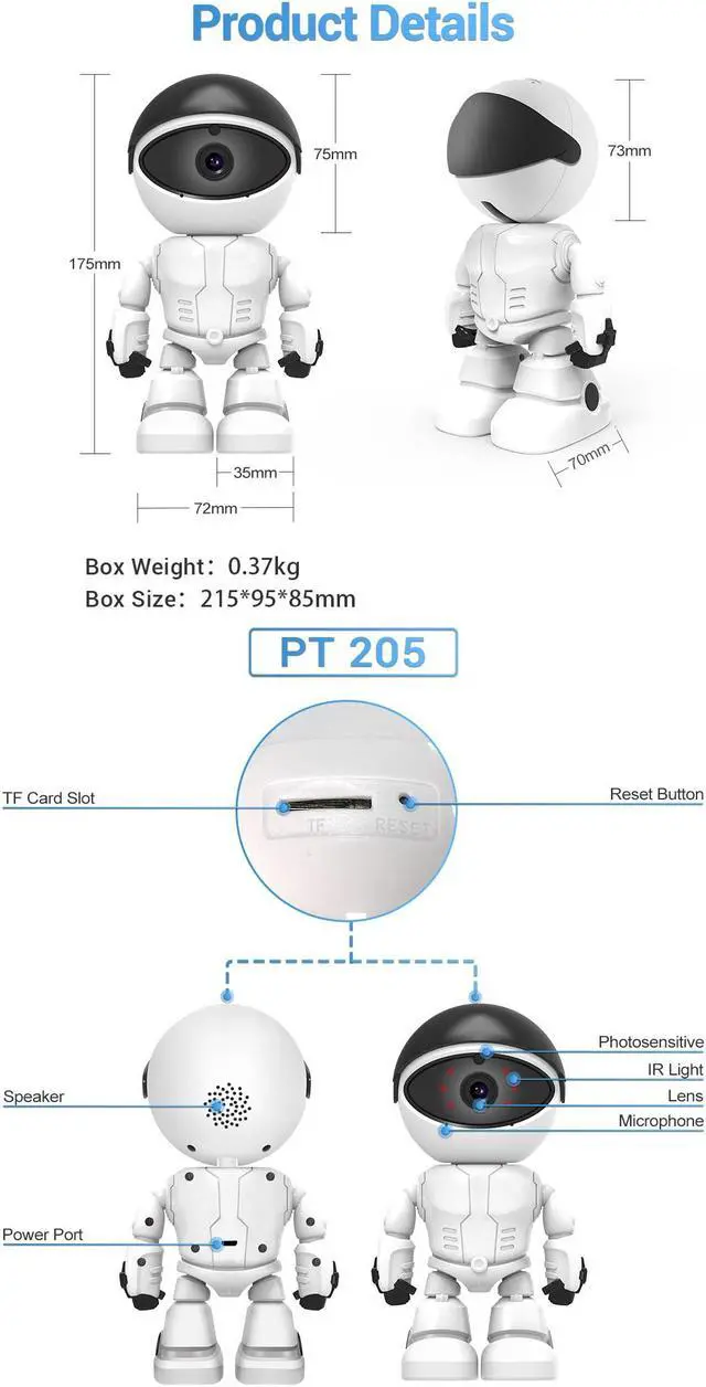 Alt view image 7 of 7 - 2MP 1080P HD 2.8mm Lens Security Robot Camera WiFi Wireless IR 33ft Motion Detection Auto Tracking Built-in Microphone AI Humanoid Detection PTZ IP Camera Day/Night Vision