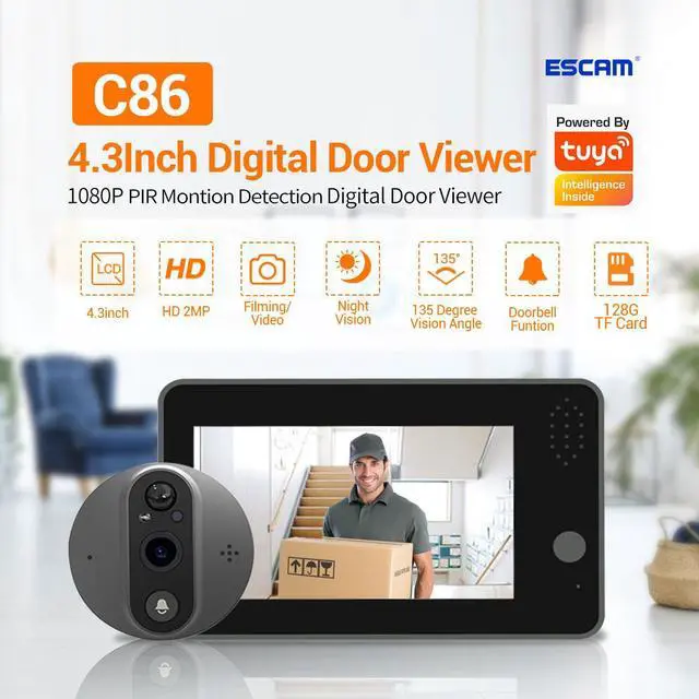 Alt view image 2 of 7 - 1080P 2MP Smart Eye wifi Video Doorbell 4.3" monitor Wide angle 167° Support APP Night Vision Chime Video Recording PIR Motion detection App alarm push digital doorbell with 5000mah battery C86