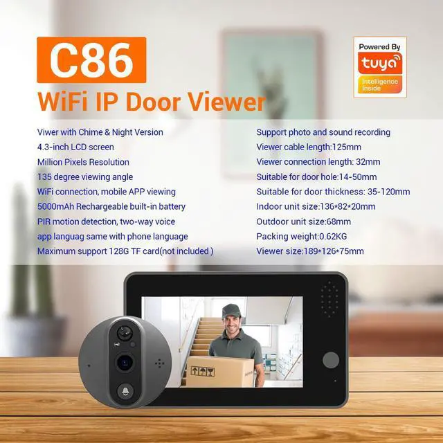 Main image of 1080P 2MP Smart Eye wifi Video Doorbell 4.3" monitor Wide angle 167° Support APP Night Vision Chime Video Recording PIR Motion detection App alarm push digital doorbell with 5000mah battery C86