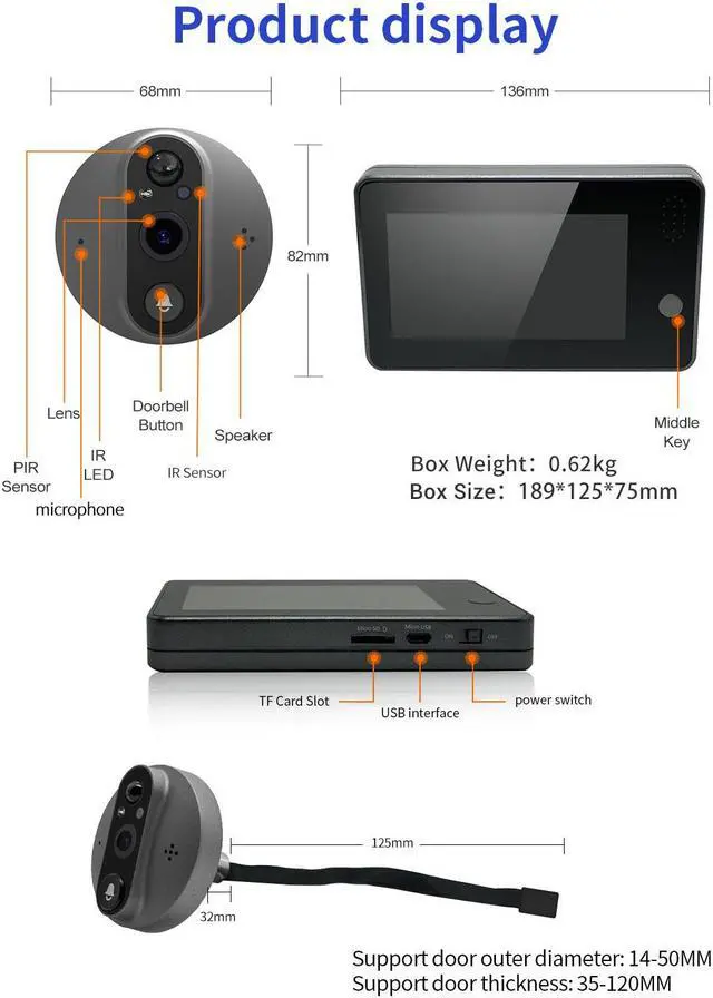 Alt view image 7 of 7 - 1080P 2MP Smart Eye wifi Video Doorbell 4.3" monitor Wide angle 167° Support APP Night Vision Chime Video Recording PIR Motion detection App alarm push digital doorbell with 5000mah battery C86