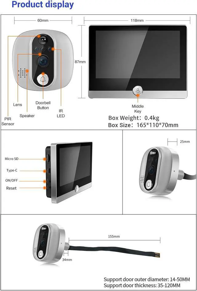 Alt view image 7 of 7 - 1080P 2MP Smart Eye wifi Video Doorbell 4.3" monitor Wide angle 167° Support APP Night Vision Chime Video Recording PIR Motion detection App alarm push digital doorbell with 5000mah battery C85