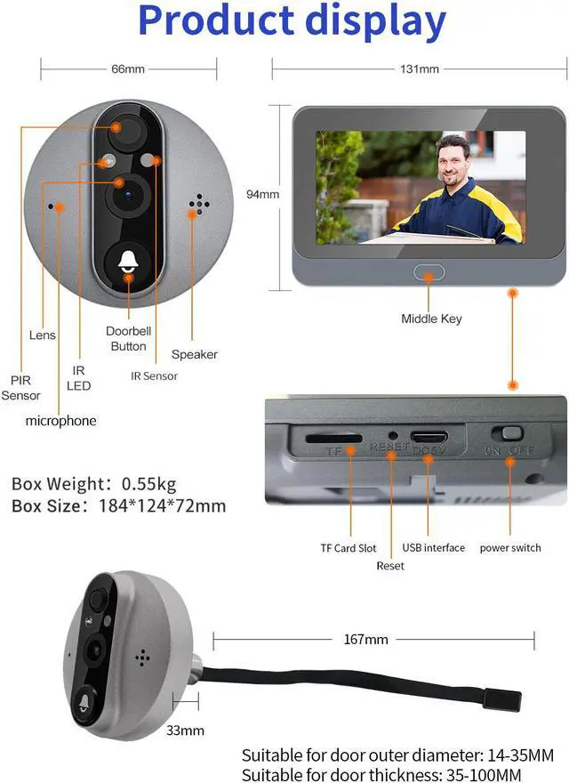 Alt view image 5 of 7 - 1080P 2MP Smart Eye wifi Video Doorbell 4.3" monitor Wide angle 167° Support App alarm push Night Vision Chime Video Recording PIR Motion detection digital doorbell with 5000mah battery