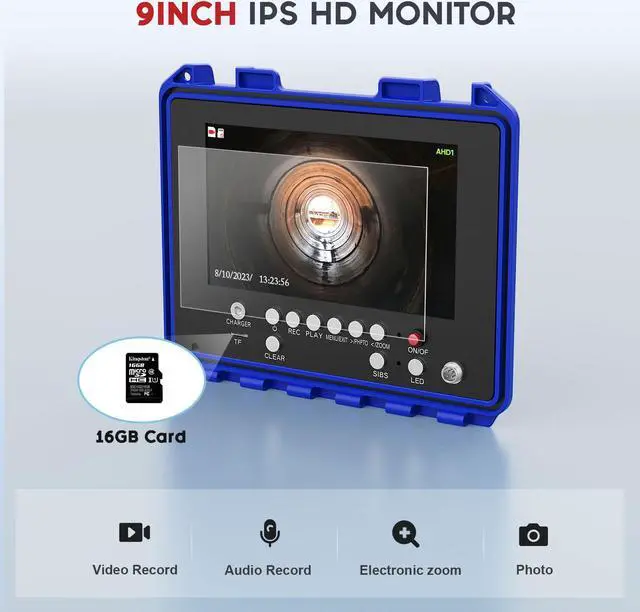 Alt view image 2 of 7 - 9" DVR Screen Sewer Pipe Drain Pipe Pipeline Inspection 2MP Camera, Video Recording, Meter Counter, 5X Image Enlarge, 12PCS Lights for home draining plumbing IP68 4500mah battery Industrial Endoscope