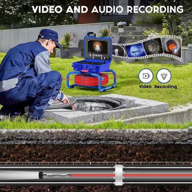 Alt view image 7 of 7 - 9" DVR Screen Sewer Pipe Drain Pipe Pipeline Inspection 2MP Camera, Video Recording, Meter Counter, 5X Image Enlarge, 12PCS Lights for home draining plumbing IP68 4500mah battery Industrial Endoscope