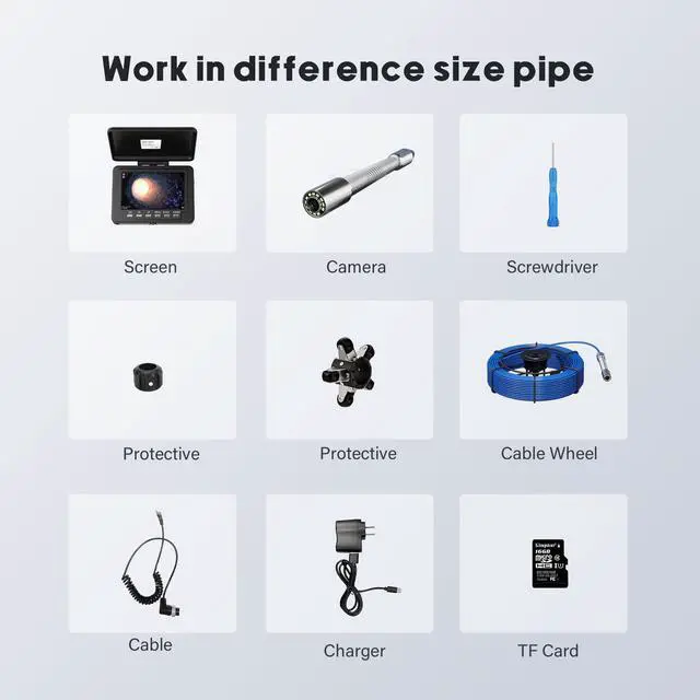 Alt view image 6 of 7 - VisiPower 5" DVR Video Recording Screen Sewer Pipe Drain Pipeline Inspection 2MP Camera, 12PCS LED Lights for home Blocked draining plumbing endoscope draining IP68 Endoscope Cable length 20m/65ft