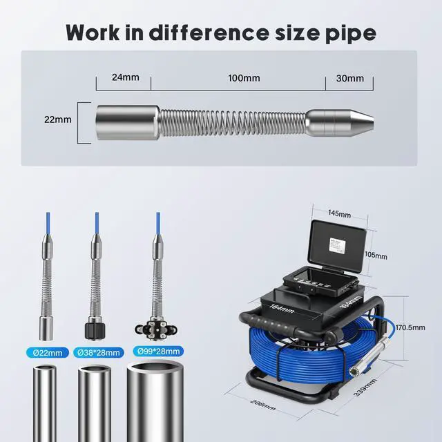 Alt view image 4 of 7 - VisiPower 5" DVR Video Recording Screen Sewer Pipe Drain Pipeline Inspection 2MP Camera, 12PCS LED Lights for home Blocked draining plumbing endoscope draining IP68 Endoscope Cable length 20m/65ft