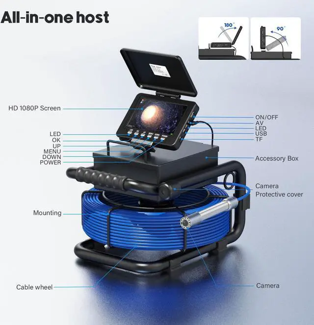 Alt view image 3 of 7 - VisiPower 5" DVR Video Recording Screen Sewer Pipe Drain Pipeline Inspection 2MP Camera, 12PCS LED Lights for home Blocked draining plumbing endoscope draining IP68 Endoscope Cable length 20m/65ft