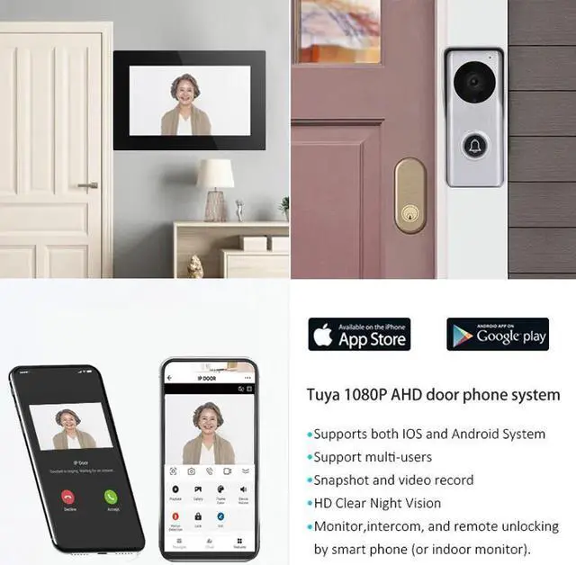Alt view image 3 of 7 - 10" Screen 1080P 2MP HD Wired WiFi Video Doorbell Intercom System, Remote Phone Tuya APP Control, Support Phone unlock Video Recording 2-Way Audio Motion Detection IR Camerar 1 doorbell + 3 monitor,