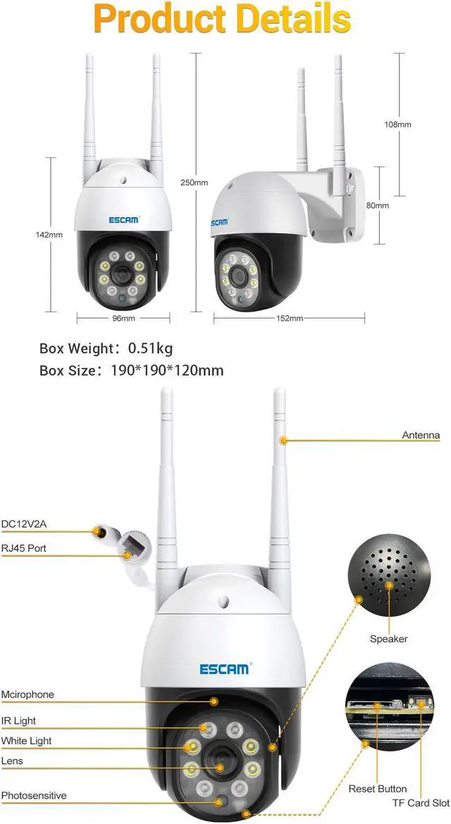 Alt view image 7 of 7 - 2MP WIFI HD PTZ Smart Home Dual Light Outdoor Surveillance IP Camera Pan 355° Tilt 90° AI Humanoid Motion Detection Alarm Full Color Night Vision 2-Way Audio App Push Sound Alarm Security wifi Camera