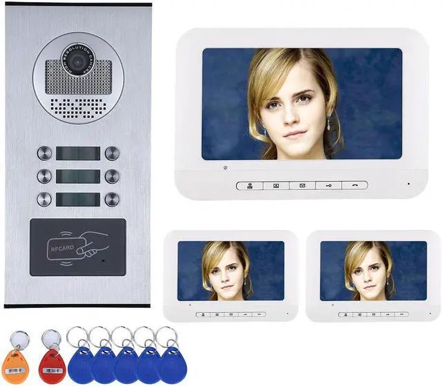 Main image of 3 Units Apartment Video Intercom System, 7 Inch Monitor Screen Wired Video Multi-family Doorbell Door Phone Kits, Indoor Outdoor IR Camera, Monitoring, Unlock, 2 Way Intercom, 1 doorbell + 3 monitor