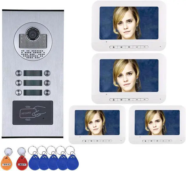 Main image of 3 Units Apartment Video Intercom System, 7 Inch Monitor Screen Wired Video Multi-family Doorbell Door Phone Kits, Indoor Outdoor IR Camera, Monitoring, Unlock, 2 Way Intercom,1 doorbell + 4 monitor