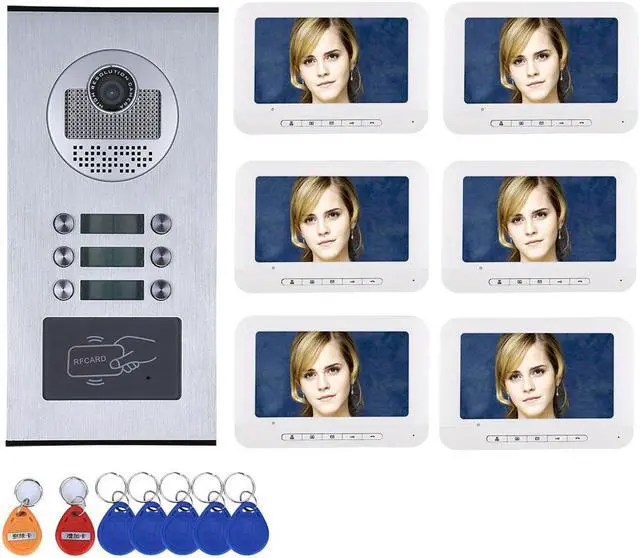 Main image of 3 Units Apartment Video Intercom System, 7 Inch Monitor Screen Wired Video Multi-family Doorbell Door Phone Kits, Indoor Outdoor IR Camera, Monitoring, Unlock, 2 Way Intercom,1 doorbell + 6 monitor
