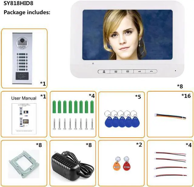 Alt view image 7 of 7 - 3 Units Apartment Video Intercom System, 7 Inch Monitor Screen Wired Video Multi-family Doorbell Door Phone Kits, Indoor Outdoor IR Camera, Monitoring, Unlock, 2 Way Intercom,1 doorbell + 8 monitor