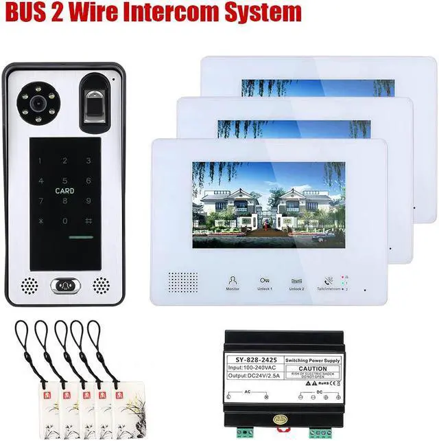 Main image of 7 Inch LCD display 2-Wire 2pin Wire Video Door Phone doorbell Home Intercom Systems with Power Supply Controller easy install Support fingerprint/IC cards/password unlock,1 doorbell + 3 monitor