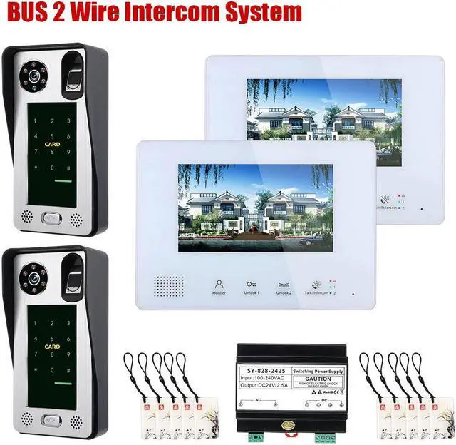 Main image of 7 Inch LCD display 2-Wire 2pin Wire Video Door Phone doorbell Home Intercom Systems with Power Supply Controller easy install Support fingerprint/IC cards/password unlock,2 doorbell + 2 monitor