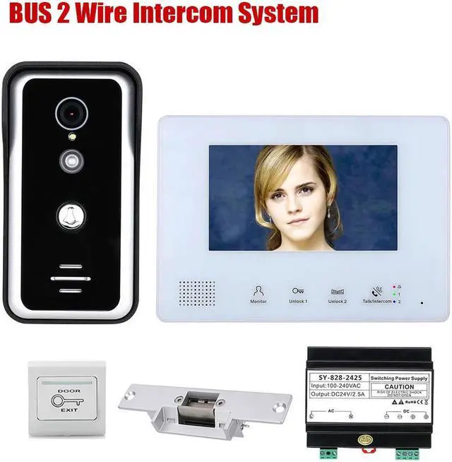 Main image of 7 Inch LCD display 2-Wire 2pin Wire Video Door Phone Intercom Home doorbell Systems + Power Supply Controller + NO Electronic Door Lock + EXIT Switch for home Doorbell, 1 doorbell + 1 monitor