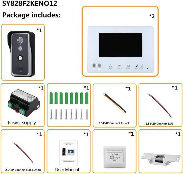 Alt view image 2 of 7 - 7 Inch LCD display 2-Wire 2pin Wire Video Door Phone Intercom Home doorbell Systems + Power Supply Controller + NO Electronic Door Lock + EXIT Switch for home Doorbell, 1 doorbell + 2 monitor