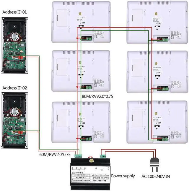 Alt view image 5 of 7 - 2 Units Apartment 2pin Wire Video Door Phone Visual Intercom Doorbell with 2x 7in TFT LCD Screen Monitor, RFID unlock Doorbell Intercom System with 1 Night Vision Door bell, 1 Doorbell + 2 Monitor