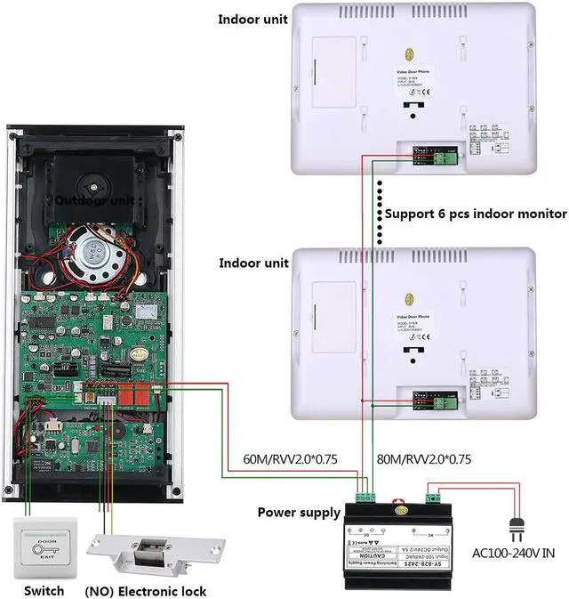 Alt view image 2 of 7 - 2 Units Apartment 2pin Wire Video Door Phone Visual Intercom Doorbell with 2x 7in TFT LCD Screen Monitor, RFID unlock Doorbell Intercom System with 1pcs Electric NO Lock,1 doorbell + 3 monitor