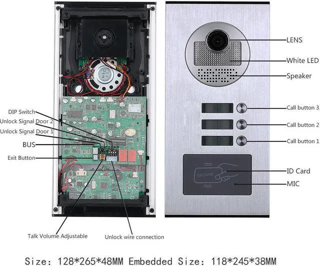 Alt view image 6 of 7 - 2 Units Apartment 2pin Wire Video Door Phone Visual Intercom Doorbell with 2x 7in TFT LCD Screen Monitor, RFID unlock Doorbell Intercom System with 1pcs Electric NO Lock,1 doorbell + 3 monitor