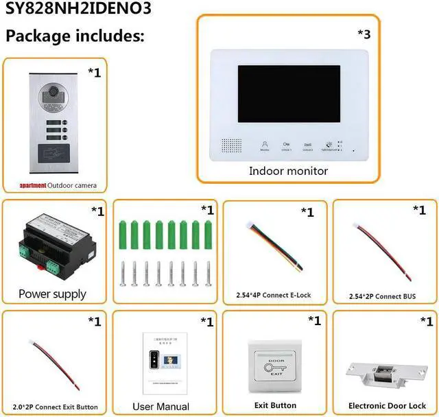 Alt view image 3 of 7 - 2 Units Apartment 2pin Wire Video Door Phone Visual Intercom Doorbell with 2x 7in TFT LCD Screen Monitor, RFID unlock Doorbell Intercom System with 1pcs Electric NO Lock,1 doorbell + 3 monitor