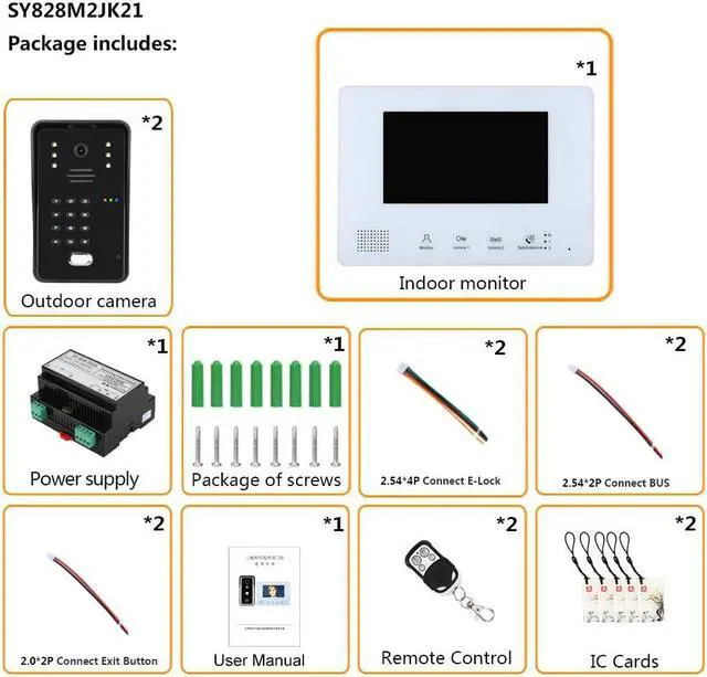 Alt view image 2 of 7 - 2pin Wire Video Door Phone Visual Intercom Doorbell + 7in TFT LCD Screen Monitor + Power Supply Controller, IC Card / Password / remote control unlock intercom doorbell system, 2 Doorbell + 1 Monitor