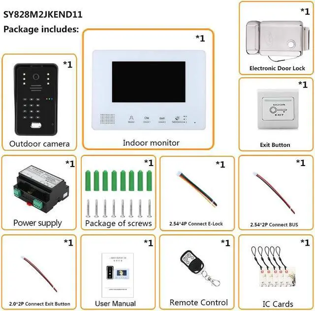 Alt view image 3 of 7 - 2pin Wire Video Door Phone Visual Intercom Doorbell + 7in TFT LCD Screen Monitor + Electric Control Lock, IC Card / Password / remote control unlock intercom doorbell system, 1 Doorbell + 1 Monitor