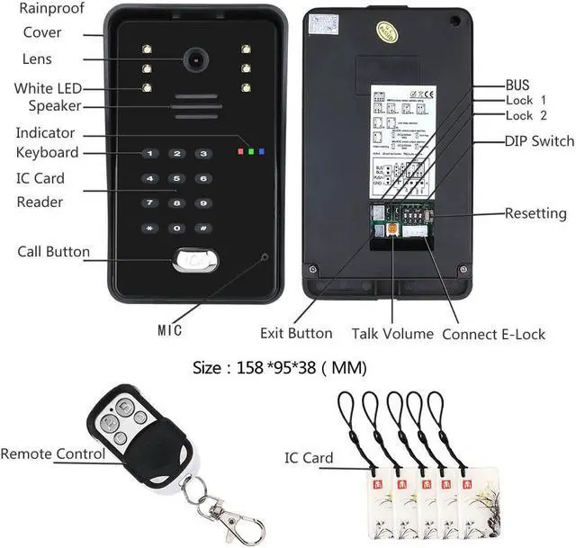 Alt view image 6 of 7 - 2pin Wire Video Door Phone Visual Intercom Doorbell + 7in TFT LCD Screen Monitor + Electric Control Lock, IC Card / Password / remote control unlock intercom doorbell system, 1 Doorbell + 1 Monitor